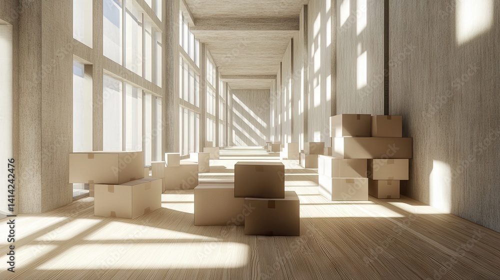 Long view of a hallway filled with neatly stacked and labeled moving boxes Long view of a hallway filled with neatly stacked and labeled moving boxes