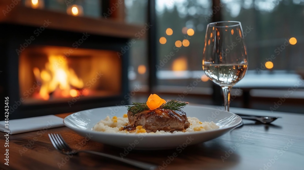 Elegant culinary presentation featuring a main dish on a white plate with a blurred background of a cozy fireplace and a glass of water on the table. The setting is warm and inviting Elegant culinary presentation featuring a main dish on a white plate with a blurred background of a cozy fireplace and a glass of water on the table. The setting is warm and inviting