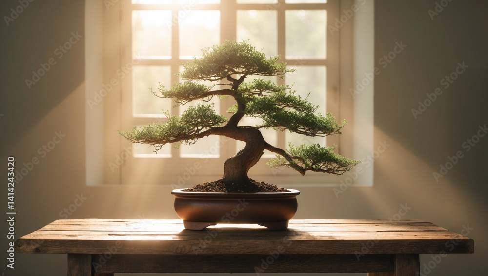 A majestic bonsai tree sits atop a brown wooden table bathed in the soft, warm glow of morning light casting a serene ambiance, evoking a sense of profound peacefulness, a state of deep calmness A majestic bonsai tree sits atop a brown wooden table bathed in the soft, warm glow of morning light casting a serene ambiance, evoking a sense of profound peacefulness, a state of deep calmness