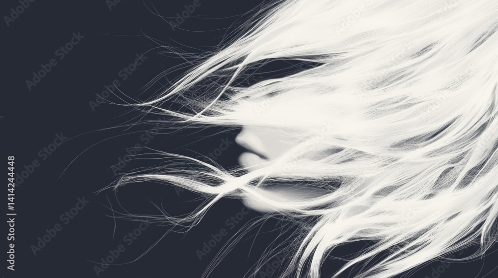 Fototapeta premium Black and white photograph of a woman's face with long, flowing hair. the hair is white and appears to be in motion, creating a sense of movement and energy.