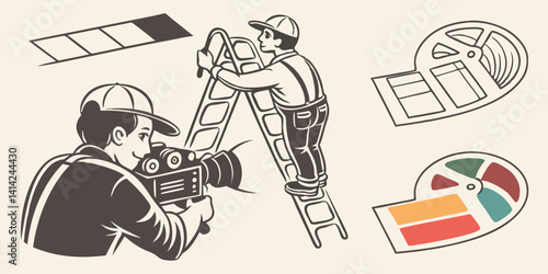 Retro Cartoon Filmmaking Crew Behind Scenes Cameraman Ladder Film Camera Reels Strips Vintage Movie Production Image