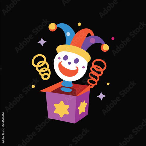  Cartoon Jack-in-the-Box – Colorful Jester Hat and Silly Smiling Face, Playful 2D Illustration. Clown in a magic hat