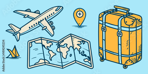 Cartoon Travel Vacation Airplane Map Luggage Location Pin Origami Boat