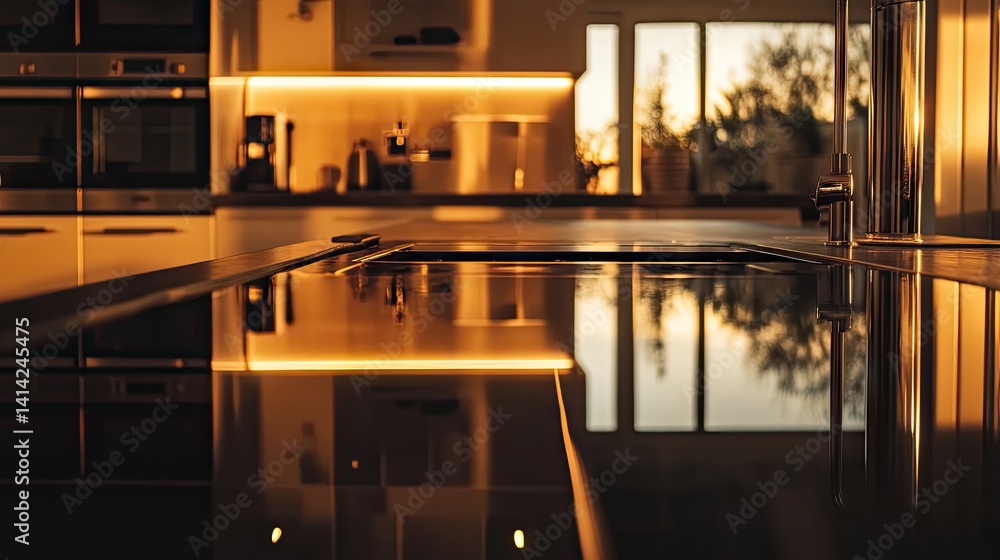Reflective shine of black hot plate surface under kitchen light Reflective shine of black hot plate surface under kitchen light