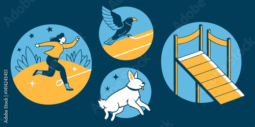 Outdoor Cartoon Illustrations: Woman Running, Bird Flying, Dog Agility Training Ramp
