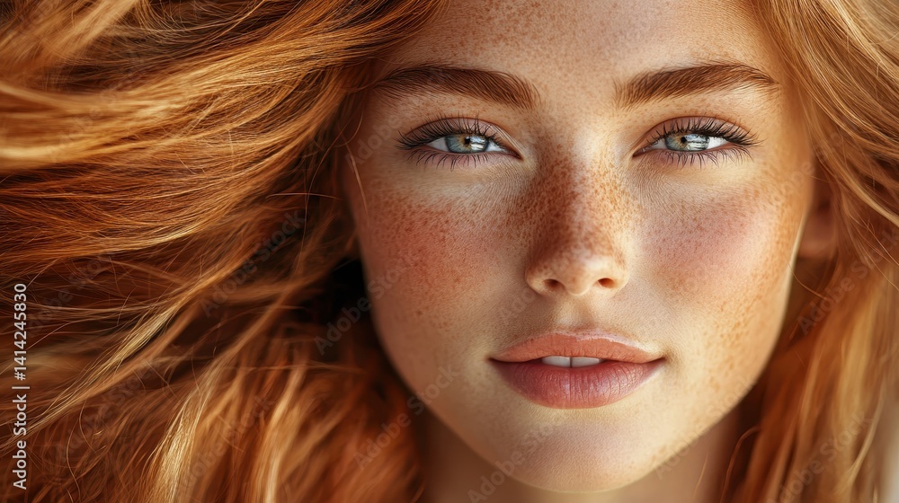 Naklejka premium Close-up portrait of young caucasian female with freckles and flowing red hair