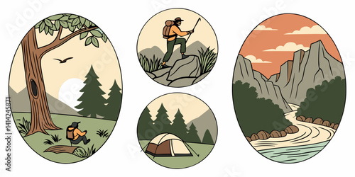 Cartoon Scenic Nature Landscapes: Hiking and Camping, Mountain, River, Tree, Oval Vignettes