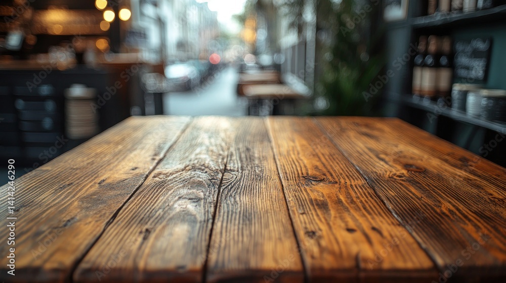 Rustic Wooden Table in a Blurred City Cafe Rustic Wooden Table in a Blurred City Cafe
