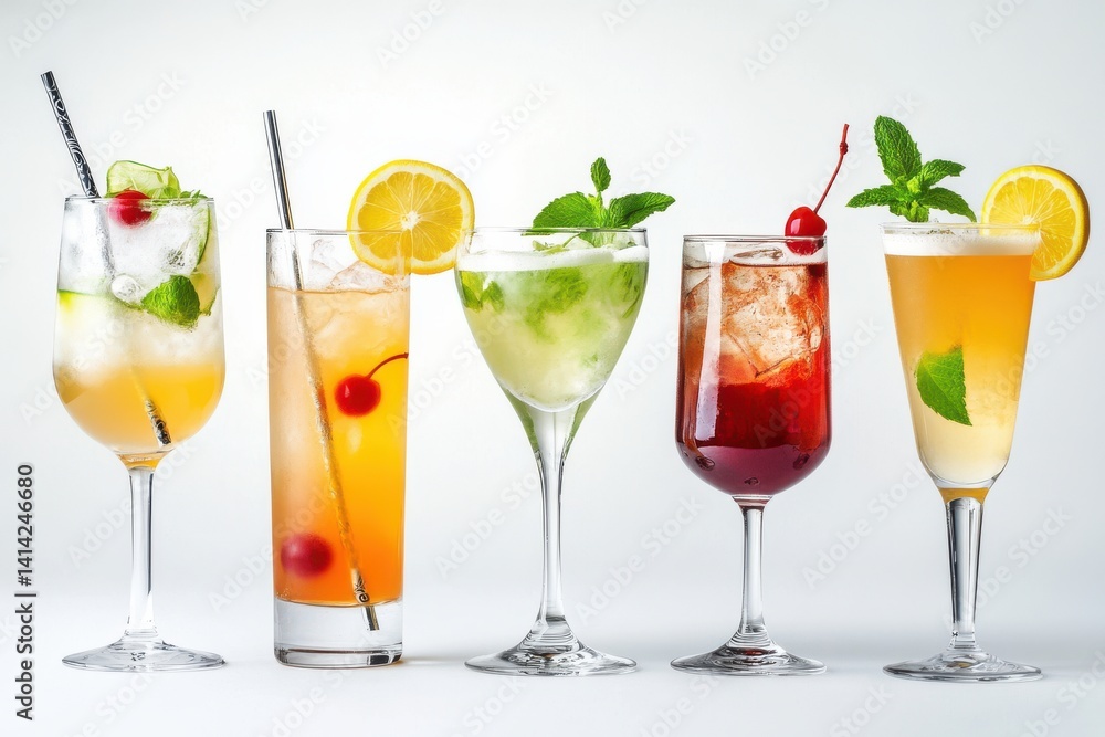 A vibrant array of five different cocktails garnished with fruit and herbs on a white background surface A vibrant array of five different cocktails garnished with fruit and herbs on a white background surface