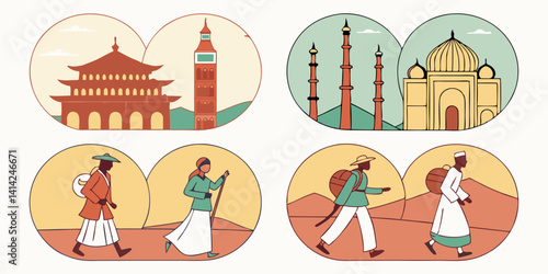 Iconic World Landmarks & Travelers Illustration: Pagoda, Big Ben, Taj Mahal