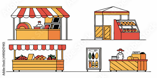 Colorful Flat Vector Market Stalls Illustrations Food Fruit Veggies Drinks Market Booths Stands Graphics Artworks Design