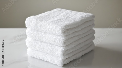 Stack of fluffy white towels on a freshly cleaned countertop in a bright room