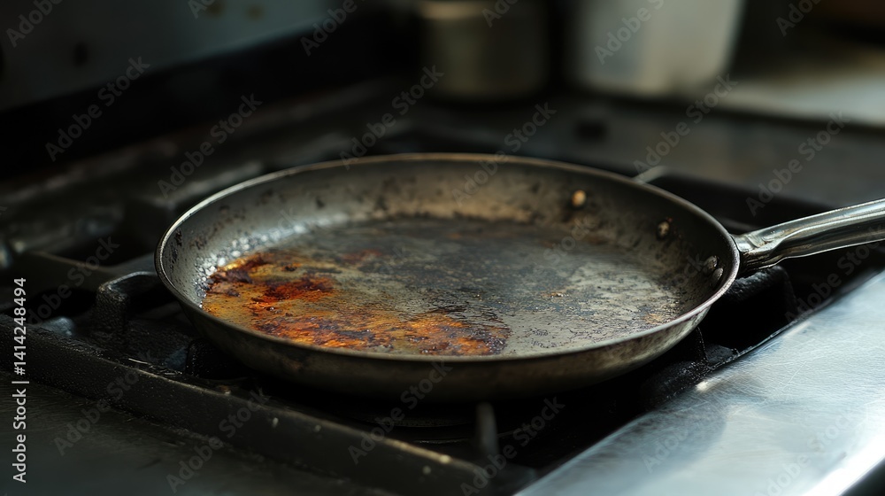 Steel frying pan with food residue resting on recently used hot plate Steel frying pan with food residue resting on recently used hot plate