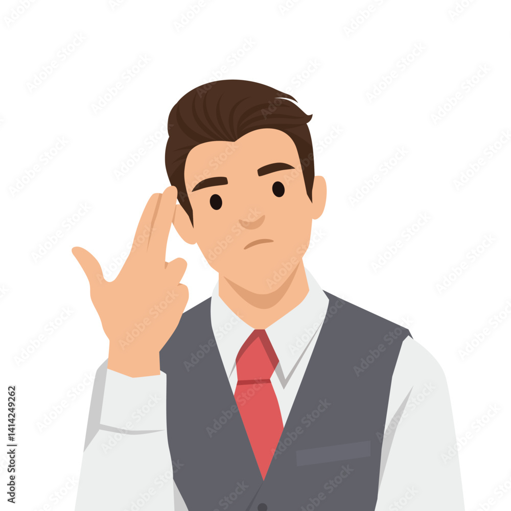 Man gestures near his temple, expressing intense thought or frustration over a difficult situation. Flat vector illustration isolated on white background Man gestures near his temple, expressing intense thought or frustration over a difficult situation. Flat vector illustration isolated on white background