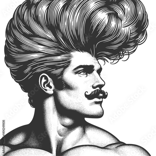 gentleman with an incredibly large, curly hairstyle, blending humor, surrealism, and vintage artistic style sketch engraving generative ai vector illustration. Scratch board. Black and white image.
