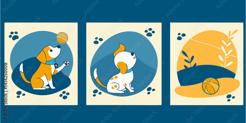 Cute Cartoon Puppies Playing Ball with Paw Prints Vector Art Cute Cartoon Puppies Playing Ball with Paw Prints Vector Art