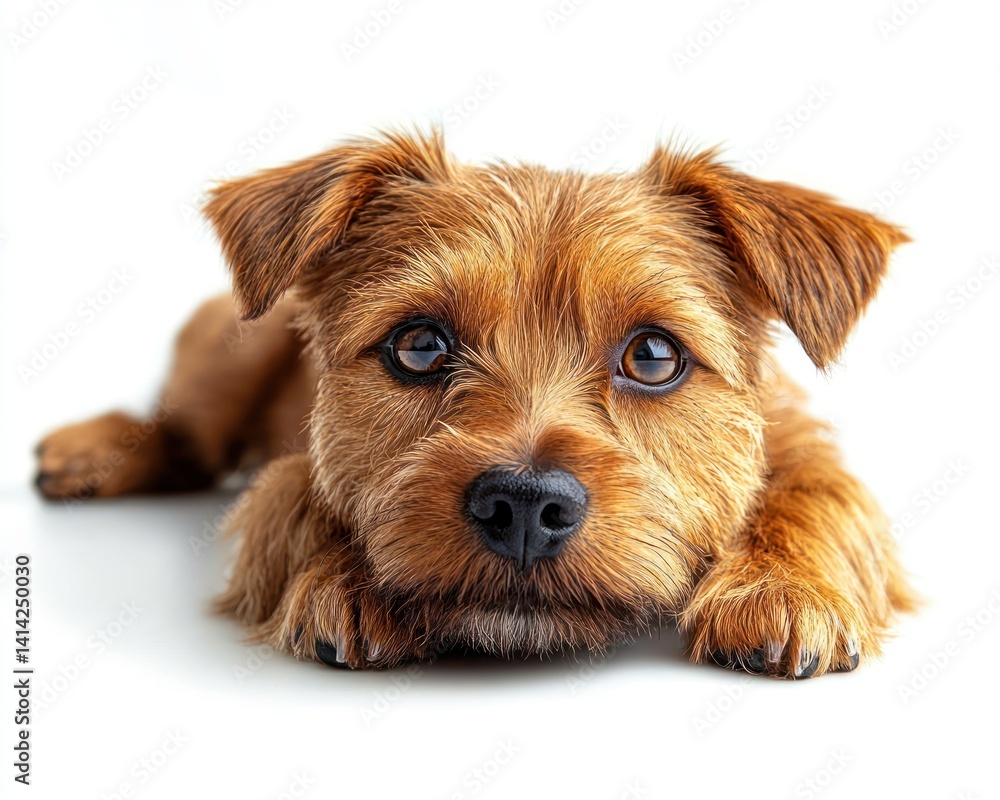 Cute brown dog with expressive eyes lying down on a white background, showcasing its playful nature Cute brown dog with expressive eyes lying down on a white background, showcasing its playful nature