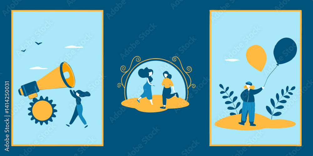 Vector Cartoon Flat Design People Communication Balloons Frame Blue Yellow Image Vector Cartoon Flat Design People Communication Balloons Frame Blue Yellow Image