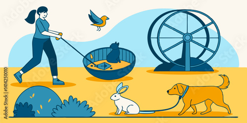 Vector Cartoon Pet Walk Woman Walking Dog Cat Rabbit Bird Pets