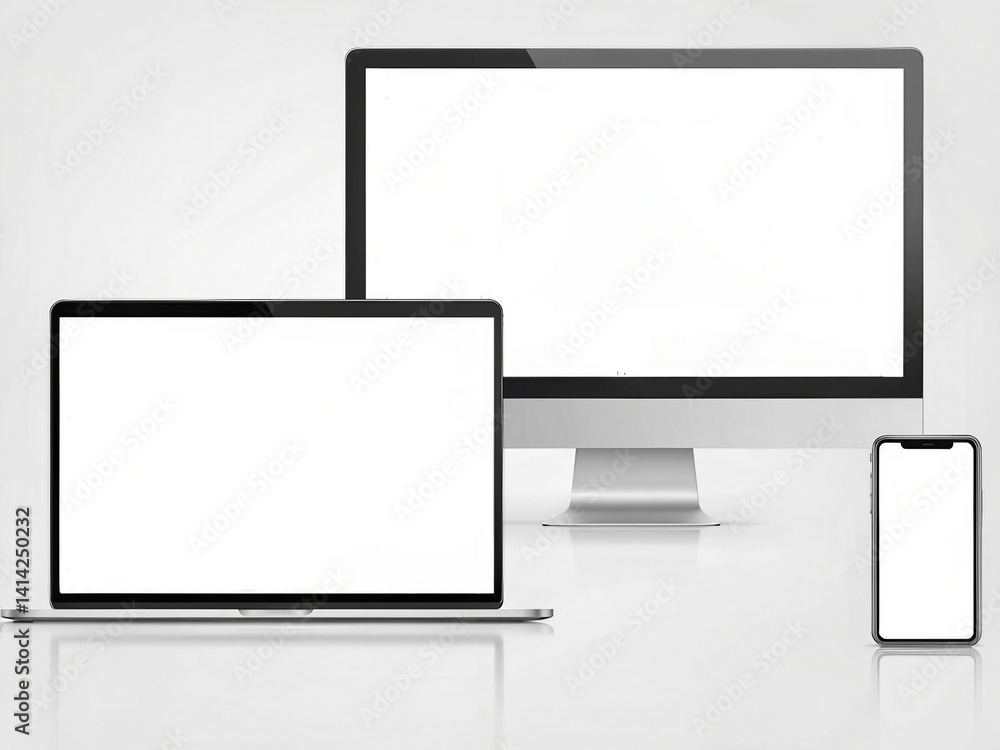 Realistic set of monitor, laptop, smartphone. 3d devise mockup set vector. Realistic screen layout Realistic set of monitor, laptop, smartphone. 3d devise mockup set vector. Realistic screen layout