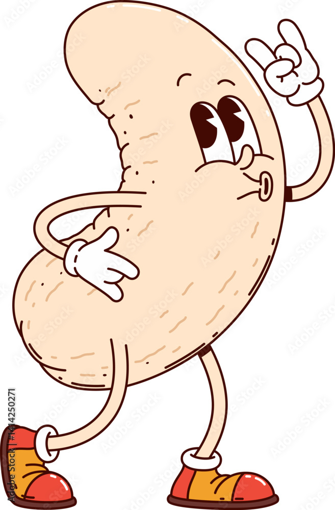 Cartoon groovy cashew nut or bean seed character with funny silly face, vector comic emoji. Groovy nut with freaky smile and happy whistling with cool gesture for comic emoji or food cartoon character Cartoon groovy cashew nut or bean seed character with funny silly face, vector comic emoji. Groovy nut with freaky smile and happy whistling with cool gesture for comic emoji or food cartoon character