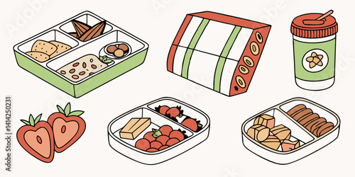 Healthy Bento Lunch Boxes Meal Prep Cartoon Illustration