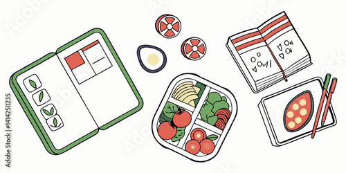 Healthy Bento Box Lunch Food, Egg, Tomato, Recipe Book Vector Art