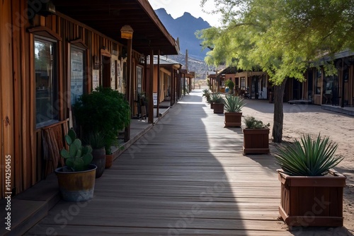 A wooden walkway leads through a generic town with wooden buildings and potted plants under a clear sky casting warm sunlight on the scene