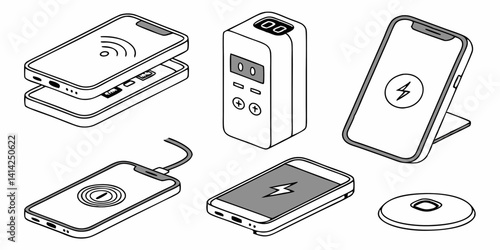 Isometric Wireless Phone Chargers, Pads & Power Banks Line Art