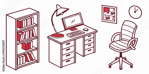 Isometric Office Desk Chair Bookshelf Computer Lamp Illustration