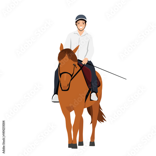 Cheerful man wearing a helmet and a white shirt enjoys a horseback ride, seated on a brown horse. Flat vector illustration isolated on white background