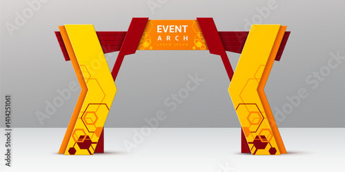 Gate arch for event entrance in red, yellow and orange design, vector stand stage. Event arch and entry booth gate in 3D mockup for welcome frame of exhibition or marathon and expo advertising display