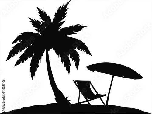 beach chair and palm tree line art silhouette vector illustration, beach chair silhouette on white background