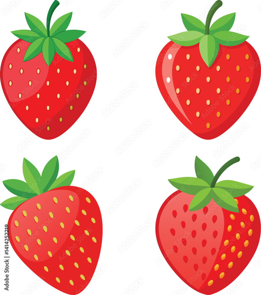 Set of four fresh and ripe strawberries with green leaves, vector illustration. Set of four fresh and ripe strawberries with green leaves, vector illustration.