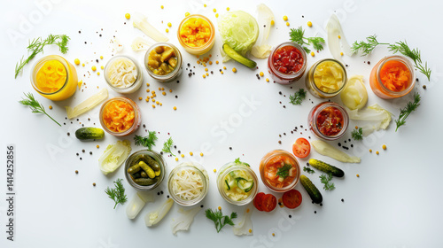 Variety of Fermented Vegetables in Jars with Spices and Herbs