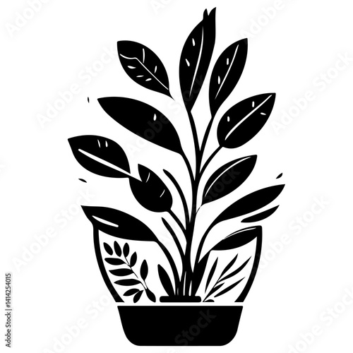 Monochrome Houseplant Still Life Vector Illustration