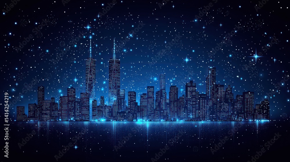 Night Cityscape: A mesmerizing view of the city skyline under a starry night sky, illuminated with vibrant lights. The twin towers stand tall and proud, a beacon in the darkness. Night Cityscape: A mesmerizing view of the city skyline under a starry night sky, illuminated with vibrant lights. The twin towers stand tall and proud, a beacon in the darkness.