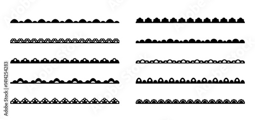 Scallop lace ornament frames, edge borders and dividers, frill ribbons and fabric patterns. Vector set of black horizontal trims ranging from simple waves to intricate dotted and cut out patterns