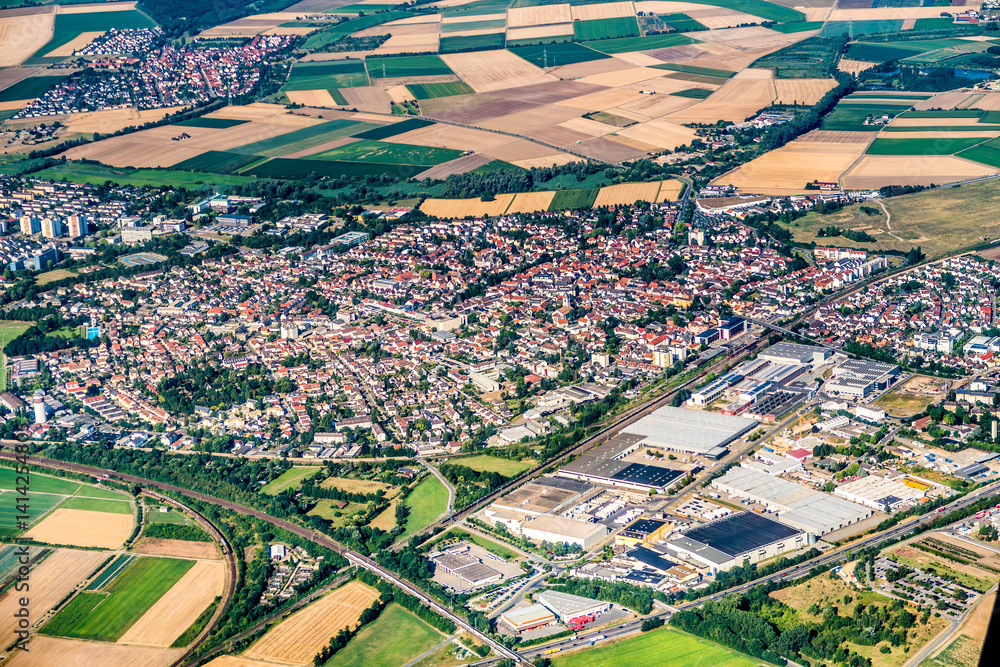 aerial of Gross Gerau with view to old historic village and modern industry area