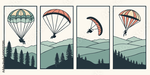 Paragliding and Parachute Over Mountains Vector Illustration