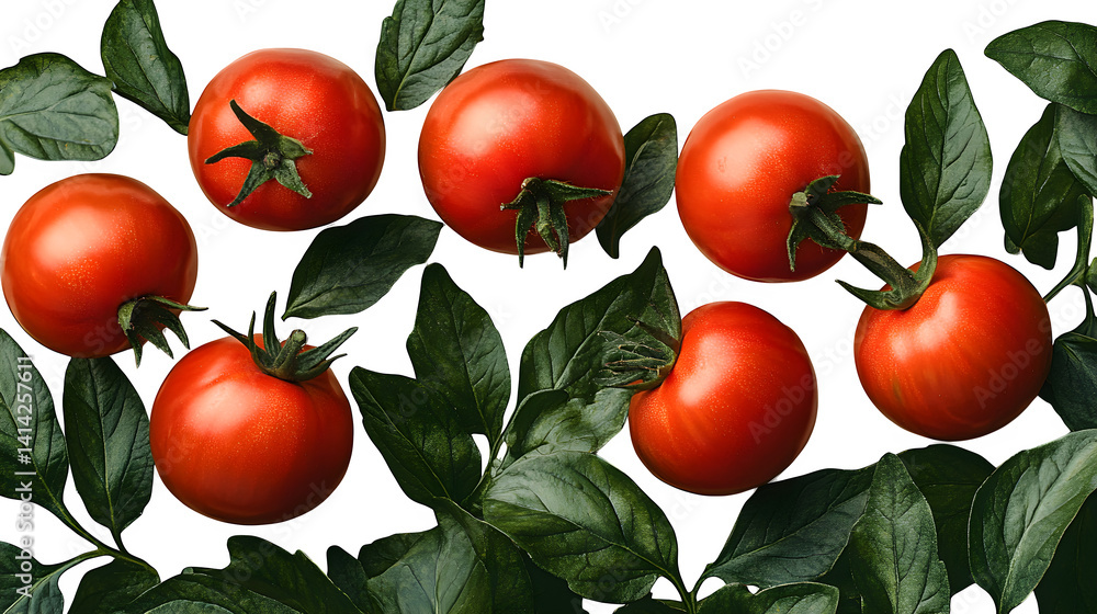 Tomatoes with green leaf isolated on white background, HD and realistic