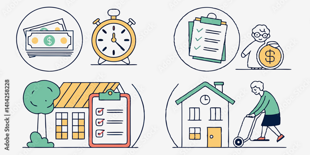 Homeownership Retirement Planning Vector Icons: House, Money, Clock, Checklist, Senior, Lawn Care Homeownership Retirement Planning Vector Icons: House, Money, Clock, Checklist, Senior, Lawn Care