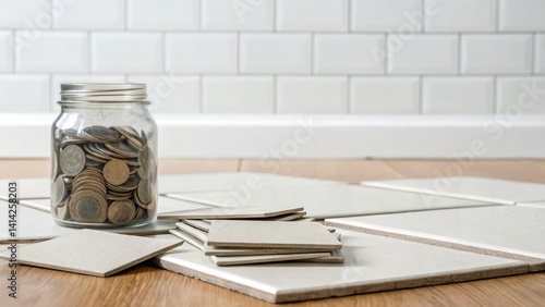 Glass jar filled with coins on a tiled surface. budget Home Renovation and Flooring Concepts