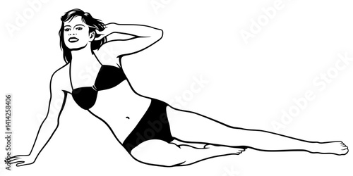 Pretty Woman in Bikini Lying on Beach. Black and white vector clipart isolated on white.