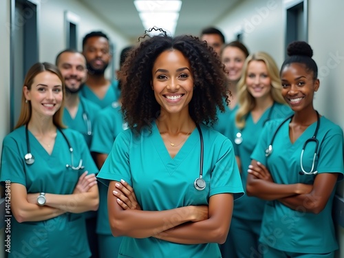 A Diverse Group Of Smiling Healthcare Professionals In Teal Scrubs With Stethoscopes Poses Confidently In A Bright Hospital Hallway, Led By A Woman With Arms Crossed, healthcare team, medical staff