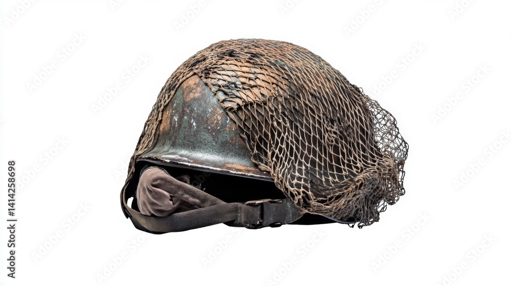 Fototapeta premium An iconic military helmet covered in camouflage netting. This image captures the essence of protection in combat. A symbol of bravery and resilience. Generative AI