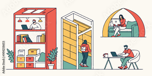 Flexible Office Workspace People Working on Laptops in Cubicles Booths Open Desks Flat Vector Illustration