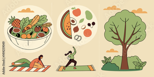 Healthy Lifestyle Flat Vector Illustration: Salad, Fruits, Yoga, Exercise, and Nature for Wellness