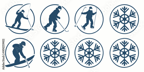 Blue Circular Winter Sports Icons: Snowflakes, Skiing, Snowboarding