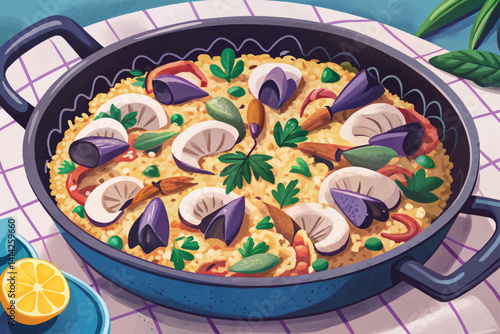 Spanish seafood paella with rice vector, mussels, shrimps in a pan, cartoon design Flat style illustration